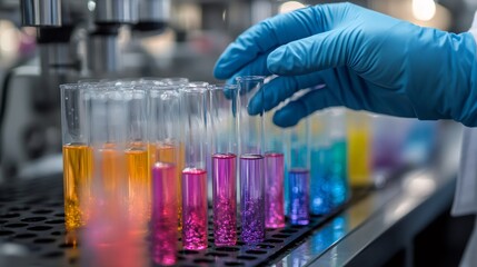 Aufkleber - Scientist picking test tube with blue gloves in laboratory experiment