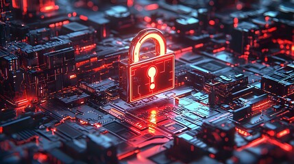 Poster - Glowing red padlock with exclamation mark on circuit board background illustrates cybersecurity threat, data breach, and digital protection concept.
