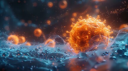 Poster - Glowing orange virus cell floating in microscopic blue environment with water droplets and bokeh effects, dramatic scientific visualization for medical research.