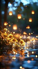 Poster - Magical evening scene with glowing sunflowers by water reflecting floating lanterns in sky, creating dreamy atmosphere with sparkling bokeh lights and ripples.