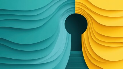 Poster - abstract design featuring layered teal and yellow shapes with a keyhole and stairs