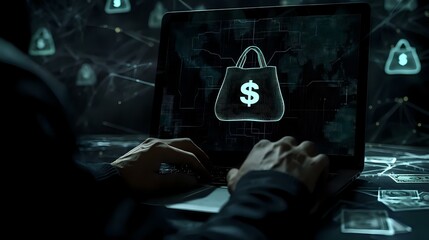 Poster - Hands typing on laptop with glowing money bag icon, digital security concept against dark background with network connections and lock symbols.