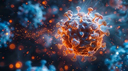 Poster - Microscopic virus cell with glowing orange spikes and protein structures against blurred blue background with bokeh lights, scientific medical visualization.