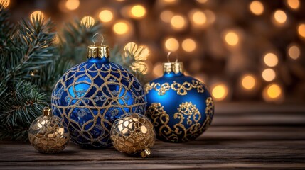 Wall Mural - Decorative blue and gold Christmas ornaments on wooden table with blurred festive lights