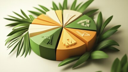 Poster - Colorful pie chart made of geometric shapes surrounded by green leaves on a light background