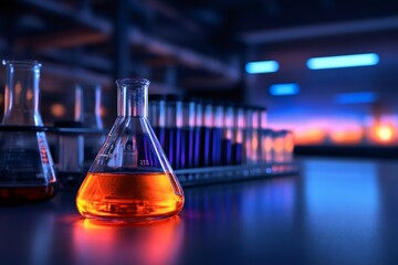 Leinwandbilder - erlenmeyer flask containing orange chemical liquid in laboratory at sunset