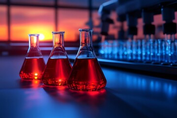 Aufkleber - Flasks containing red liquid sitting on table in laboratory at sunset