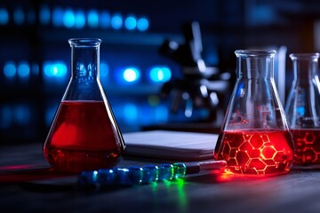 Aufkleber - Chemical reaction creating glowing red liquid in erlenmeyer flasks in laboratory setting