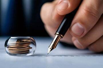 Poster - Businessman calculating investment strategy using pen and protected coins