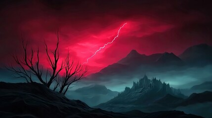 Wall Mural - red and black sky painting - tree in foreground, mountain in background