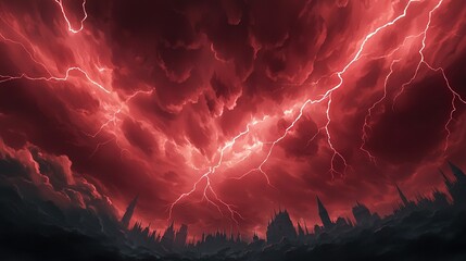 Wall Mural - a vibrant depiction of a red-black sky adorned with a multitude of bolts emanating from the canvas's