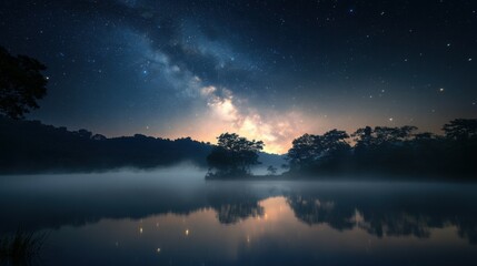 Fog, milky way and nebula in Thailand outback. Beautiful milky way astrophotography background.