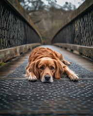 Wall Mural -   A dog in shades of brown and white lies on a metal surface near a grate on a bridge