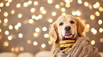 Wall Mural -   A picture of a dog with a blanket covering its back and food in its mouth