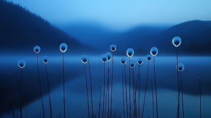 Wall Mural - a cluster of daisies beside a lake with majestic mountains behind and hazy sky above