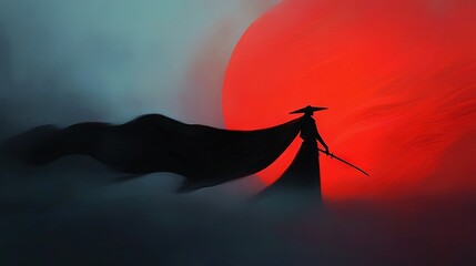 Wall Mural - a person stands before a fiery sun in a black hat and flowing cape