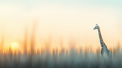 Wall Mural - giraffe in tall grass with setting sun background