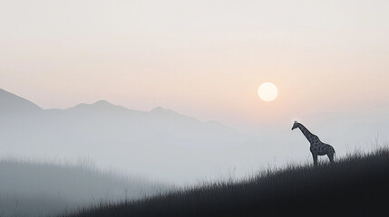 Wall Mural - a giraffe gracefully perched atop a green grassy knoll, flanked by a towering expanse of swaying tal