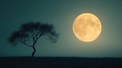 Wall Mural - a full moon illuminates a lone tree in the foreground against a deep blue backdrop, adorned with sca