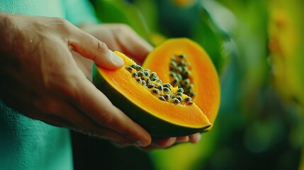 Wall Mural -   A close-up of a person holding a half of a papaya with sprinkled seeds