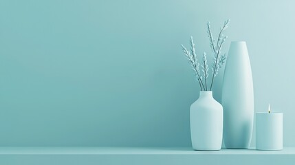 Wall Mural -   A pair of white vases sit atop a table alongside a candle and a vase containing a plant