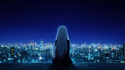 Wall Mural - a woman gazes at city lights from her seat in the nighttime skyline