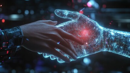 Poster - human hand shaking with hologram hand, ai, technology, artificial intelligence