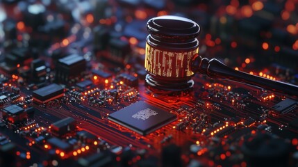 Poster - Digital Justice Gavel on a Circuit Board.