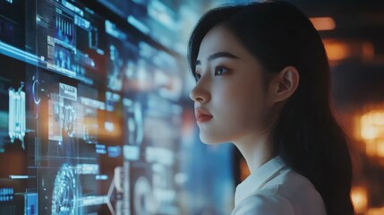 Poster - Group adult Asia female software developer mentor leader manager talk strategy plan to executive write prompt AI bot IT app program nomad, video game, designer, data center. Projecting slideshow code.