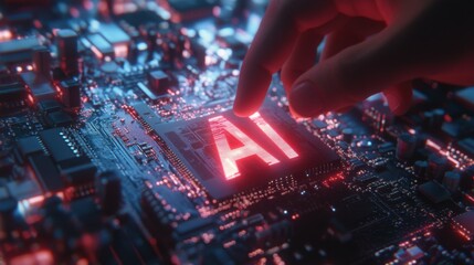 Poster - Human hand reaching to grab the letter Ai glower on a computer motherboard. Human taking artificial intelligence with their fingers.