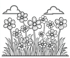 Canvas Print - A beautiful sunset over a field of blooming flowers, coloring page for kids, simple outline illustration. Coloring book.