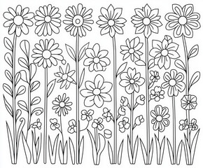 Canvas Print - A blooming garden filled with flowers, coloring page for kids, simple outline illustration. Coloring book.