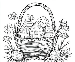 Canvas Print - A big basket filled with decorated Easter eggs, coloring page for kids, simple outline illustration. Coloring book.