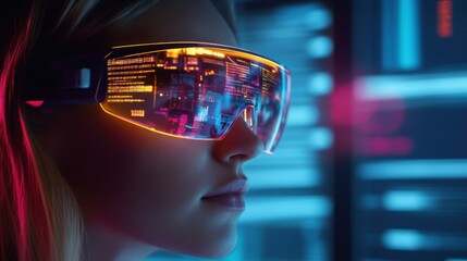 Poster - Woman wearing futuristic glasses looking at computer screen with data visualizations.