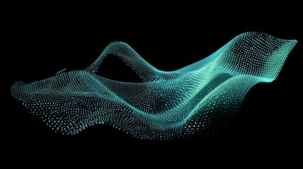 Poster - Flowing dots particles wave pattern 3D curve halftone blue green gradient curve shape isolated on black background. Vector in concept of technology, science, music, modern