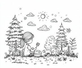 Canvas Print - A girl painting a beautiful landscape of spring, coloring page for kids, simple outline illustration. Coloring book.