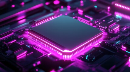 Poster - Futuristic ai chip with neon lights and digital data stream