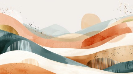 Poster - An abstract landscape featuring flowing, wavy patterns in warm tones of orange, teal, and cream with subtle textures, evoking tranquility and natural harmony.
