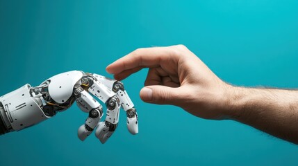 Poster - Human hand meets ai robot hand against blue background