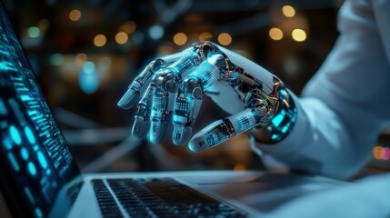 Poster - Artificial Intelligence Content Generator. A man uses a laptop to interact with AI assistant. AI offers functions like chatbot, generate images, write code, writer bot, translate and advertising. LLM.
