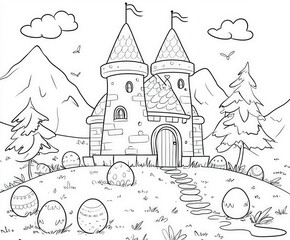 Canvas Print - A whimsical castle made entirely out of Easter eggs, coloring page for kids, simple outline illustration. Coloring book.