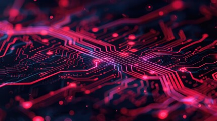 Poster - A close-up view of a circuit board featuring intricate patterns in vibrant red and black hues, showcasing technology and digital design.