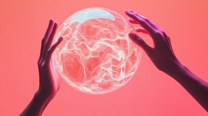 Poster - Two hands reach towards a digital sphere of abstract patterns against a pink background.