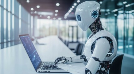 Poster - man using laptop for searching of technology smart open AI or artificial intelligence using an artificial intelligence chatbot developed.