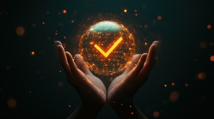 Poster - Futuristic Validation: Hands Cupping A Glowing Digital Sphere With Checkmark Symbol