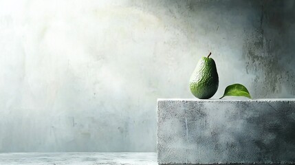 Wall Mural -   A few pears resting atop a concrete block near a lush green plant