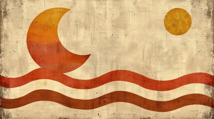Poster - A stylized graphic featuring a crescent moon, sun, and wavy lines, evoking a serene, retro aesthetic with earthy colors.
