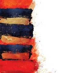 Poster - A vibrant abstract design featuring bold stripes of red, blue, and gold, blending together with a textured, painted effect.