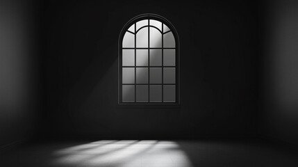 Sticker - An arched window casts light patterns on a floor in a darkened room. The room is empty, and the light is the only visible feature.