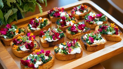 Wall Mural -   Wooden tray with bread covered in toppings, placed atop a wooden table next to a potted plant